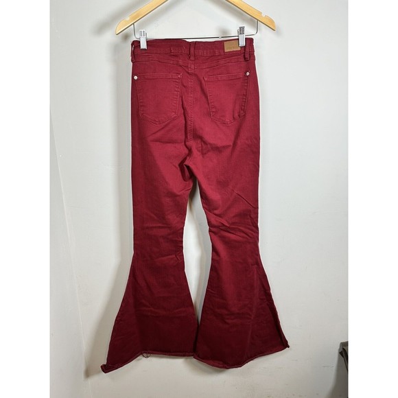 Judy Blue Super Flare Jeans Sz 9/29 Burgundy Stretch Western Raw Cuffed Hem - Picture 6 of 6
